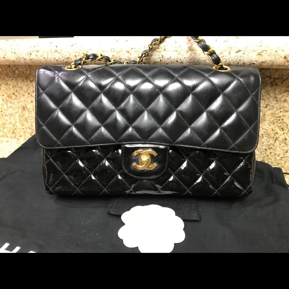 CHANEL Black Quilted Patent & Lambskin Satchel with Gold CC Turnlock